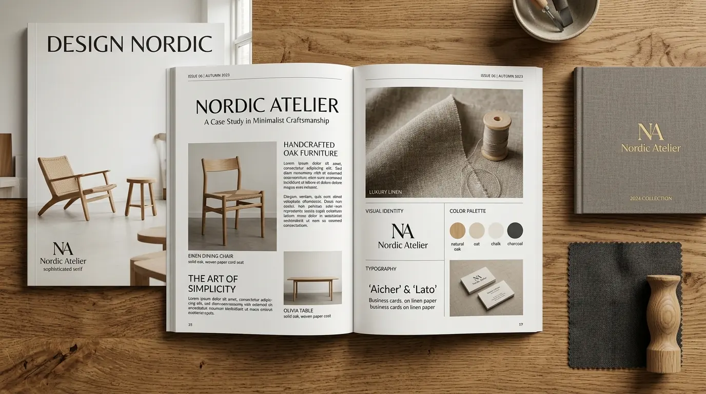 Nordic Atelier için mobilya ve marka kimliği yayınları