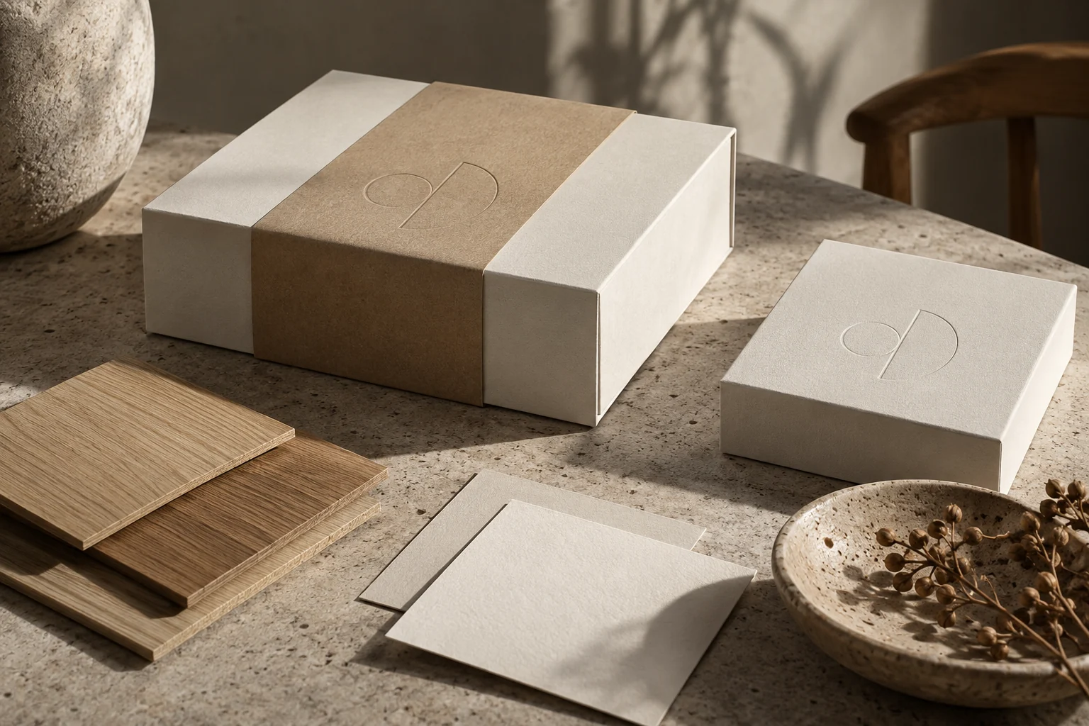 Nordic Atelier için nötr tonlarda ambalaj ve malzeme örnekleri